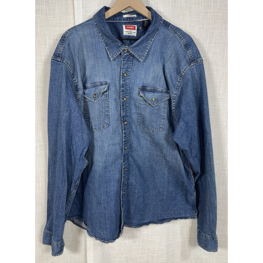 Wrangler Pearl Snap Shirt Men's 3XL Blue Indigo Denim Cowboy Rancher Western
